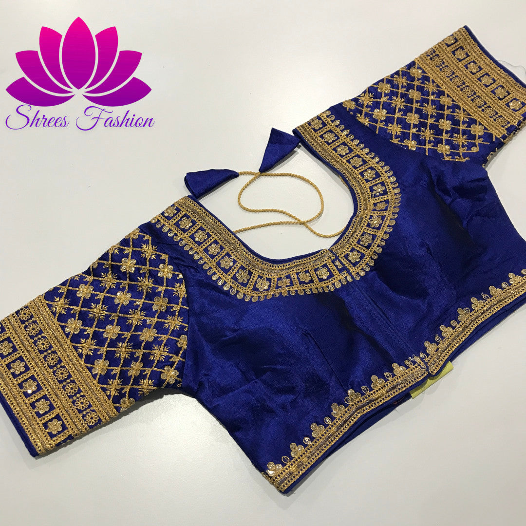 Royal Elegance: Raw Silk Designer Ready-Made Royal Blue Blouse - Shrees  Fashion Australia