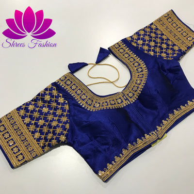 Royal Elegance: Raw Silk Designer Ready-Made Royal Blue Blouse - Shrees  Fashion Australia