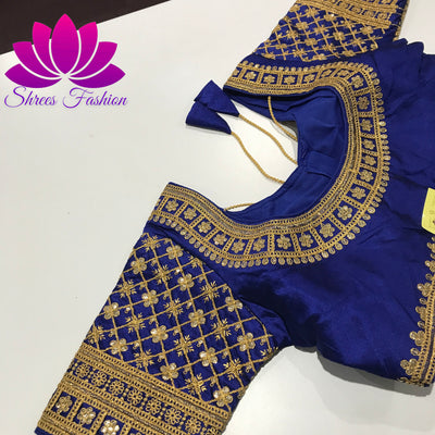 Royal Elegance: Raw Silk Designer Ready-Made Royal Blue Blouse - Shrees  Fashion Australia