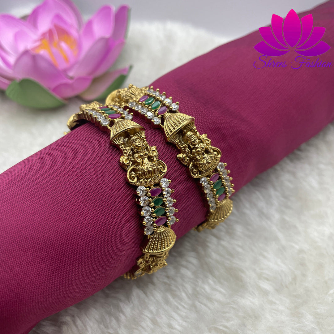 Divine Elegance: Lakshmi Design CZ Stones Matte Finish Bangles