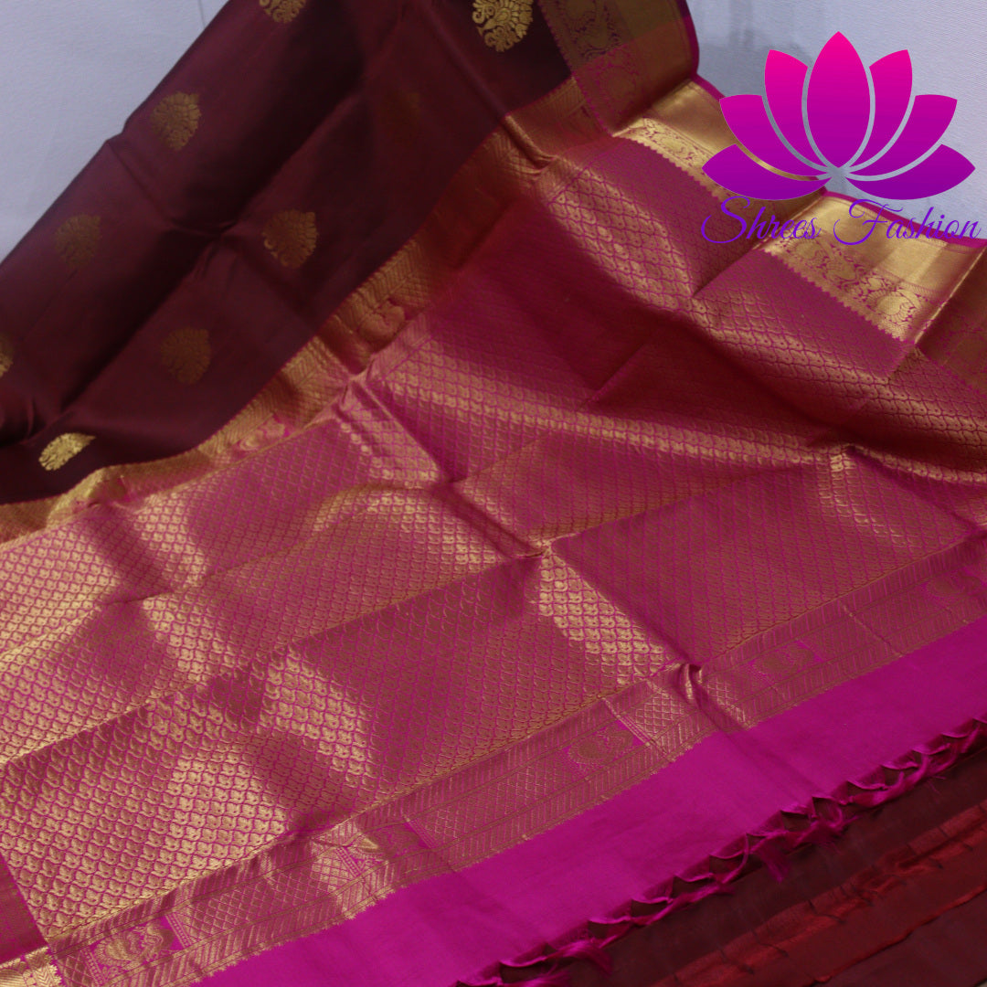 Exquisite Pure Silk Saree in Maroon with Pink Pallu | Online Silk Sarees Melbourne - Shrees  Fashion Australia