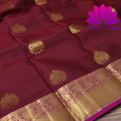 Exquisite Pure Silk Saree in Maroon with Pink Pallu | Online Silk Sarees Melbourne - Shrees  Fashion Australia