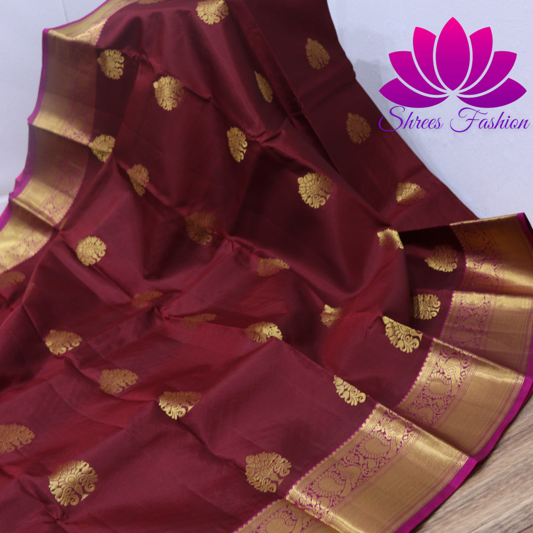 Exquisite Pure Silk Saree in Maroon with Pink Pallu | Online Silk Sarees Melbourne - Shrees  Fashion Australia