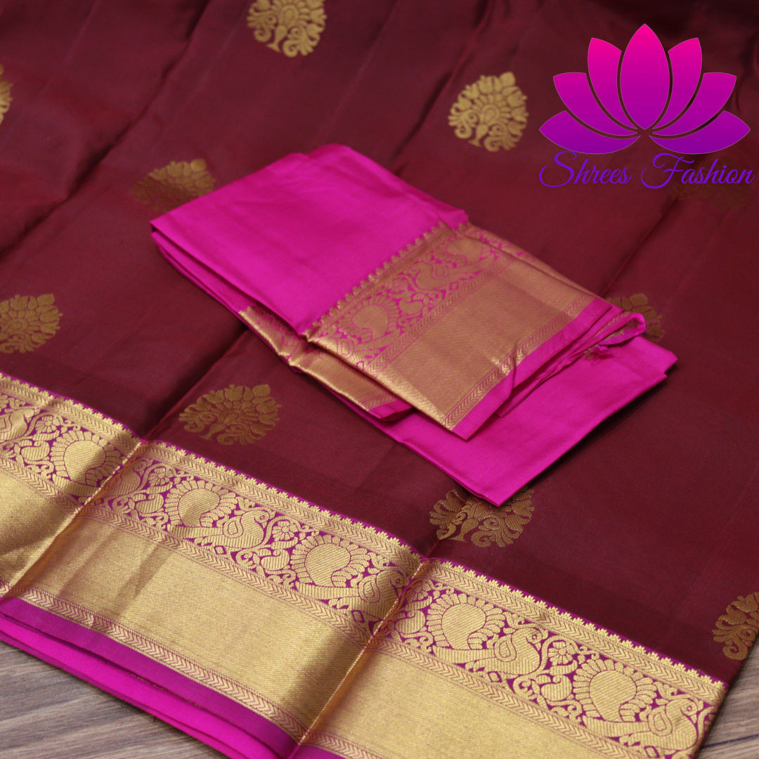 Exquisite Pure Silk Saree in Maroon with Pink Pallu | Online Silk Sarees Melbourne - Shrees  Fashion Australia