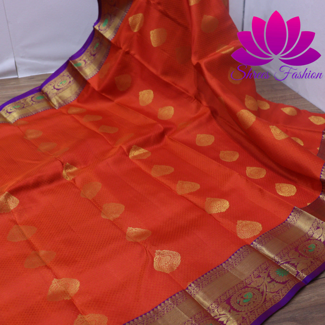 Exquisite Pure Silk Saree in Orange with Violet Pallu | Online Silk Sarees Melbourne - Shrees  Fashion Australia