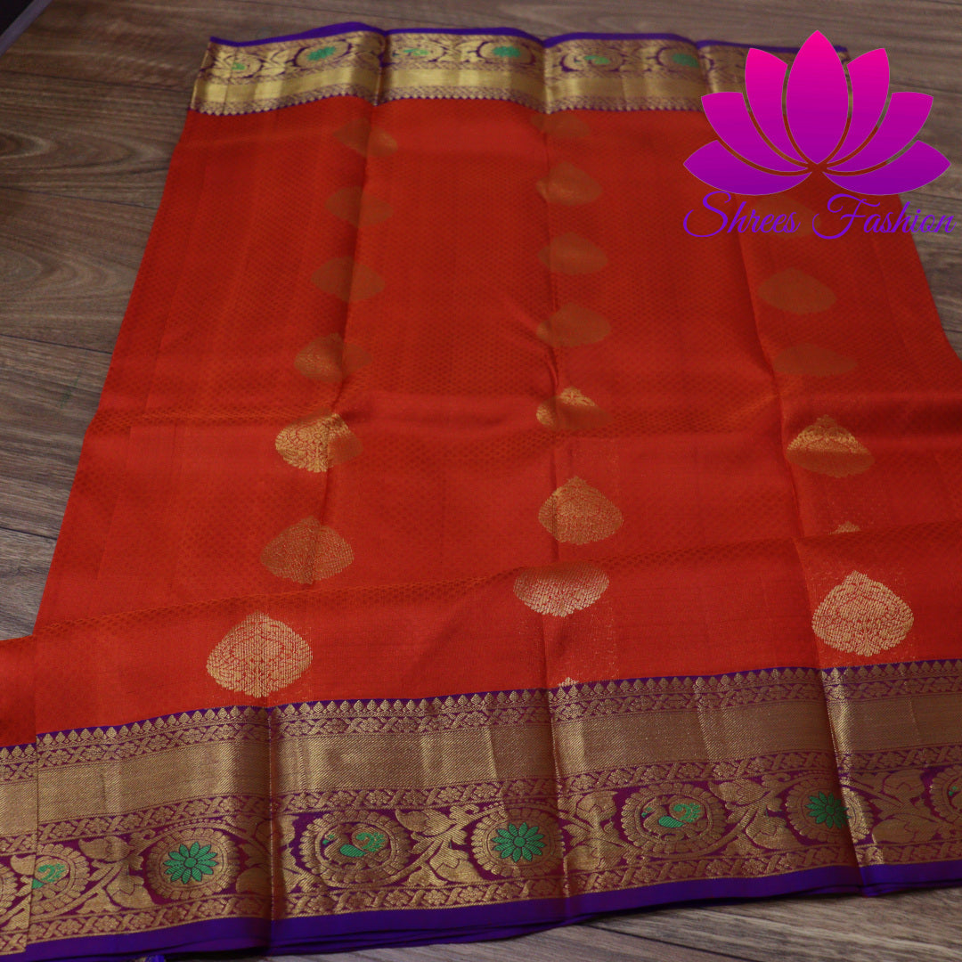 Exquisite Pure Silk Saree in Orange with Violet Pallu | Online Silk Sarees Melbourne - Shrees  Fashion Australia