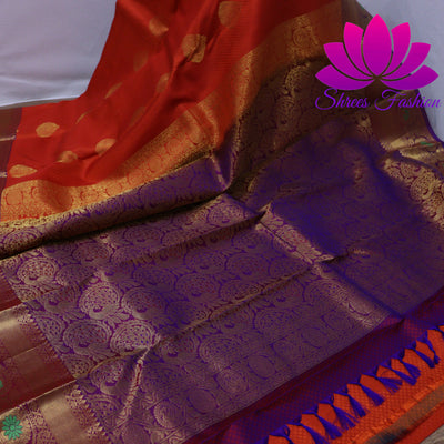 Exquisite Pure Silk Saree in Orange with Violet Pallu | Online Silk Sarees Melbourne - Shrees  Fashion Australia