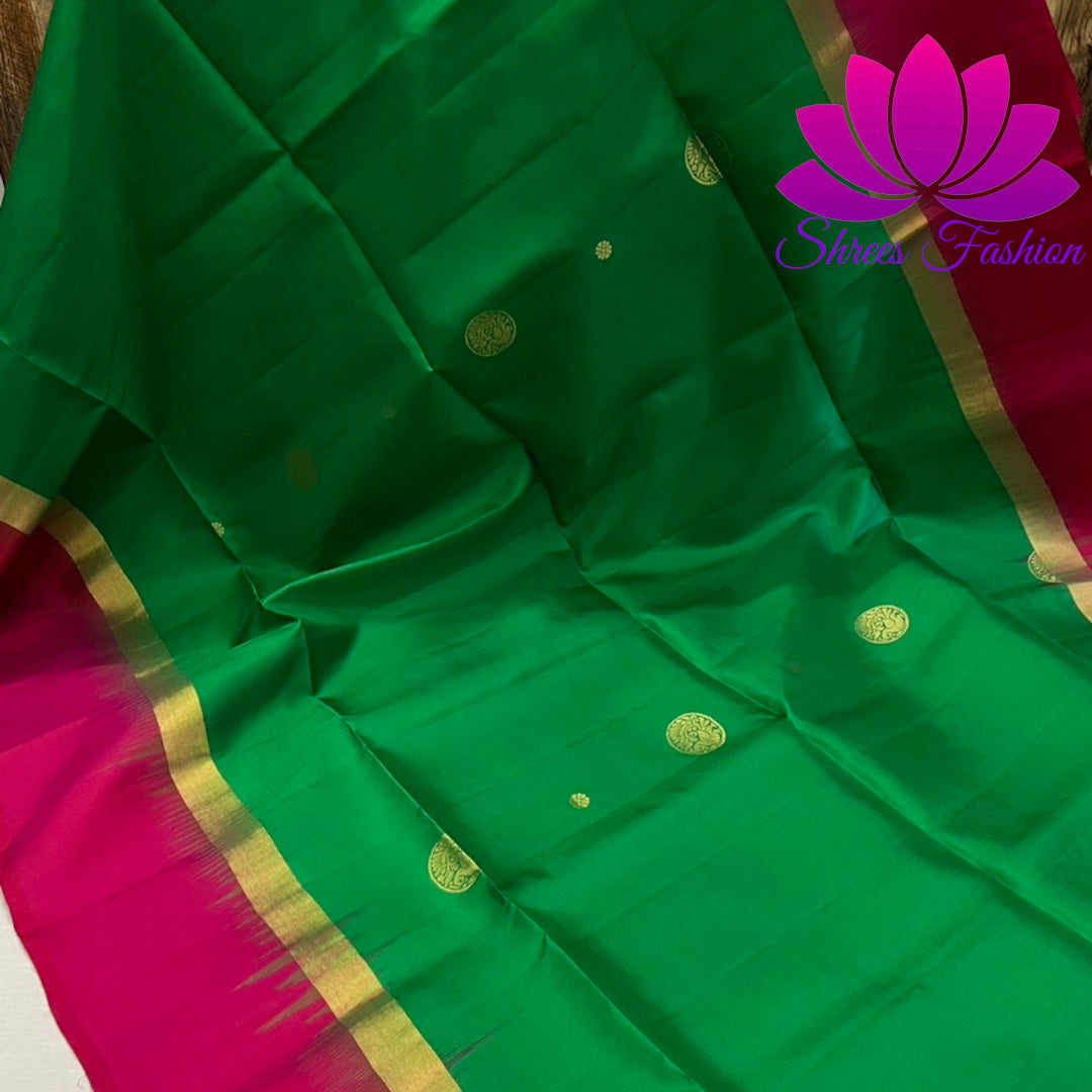 Magnificent Kanchipuram Soft Silk Saree in Green and Pink With Rich Pallu | Pure Silk Saree | Silk Mark India Certified - Shrees  Fashion Australia