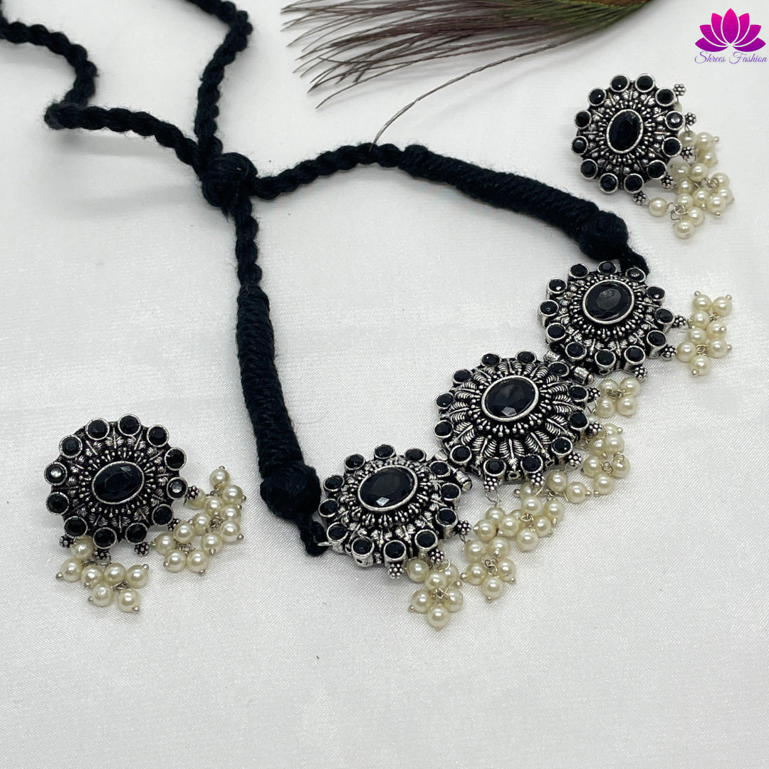 Flower Design Oxidised Silver Choker - Shrees  Fashion Australia