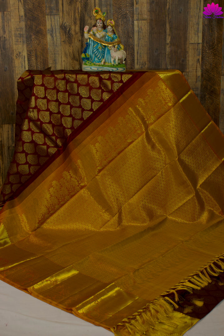 Marron and  Mustard Yellow Colour Silk Saree | Kanchipuram Silk | Silk Mark India Certified - Shrees  Fashion Australia