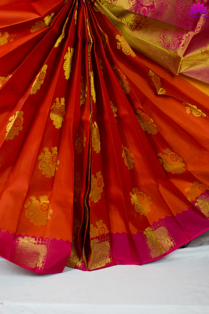 Blood Orange With Rani Pink Silk Saree | Kanchipuram Silk | Silk Mark Certified