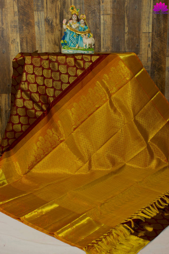 Marron and  Mustard Yellow Colour Silk Saree | Kanchipuram Silk | Silk Mark India Certified - Shrees  Fashion Australia