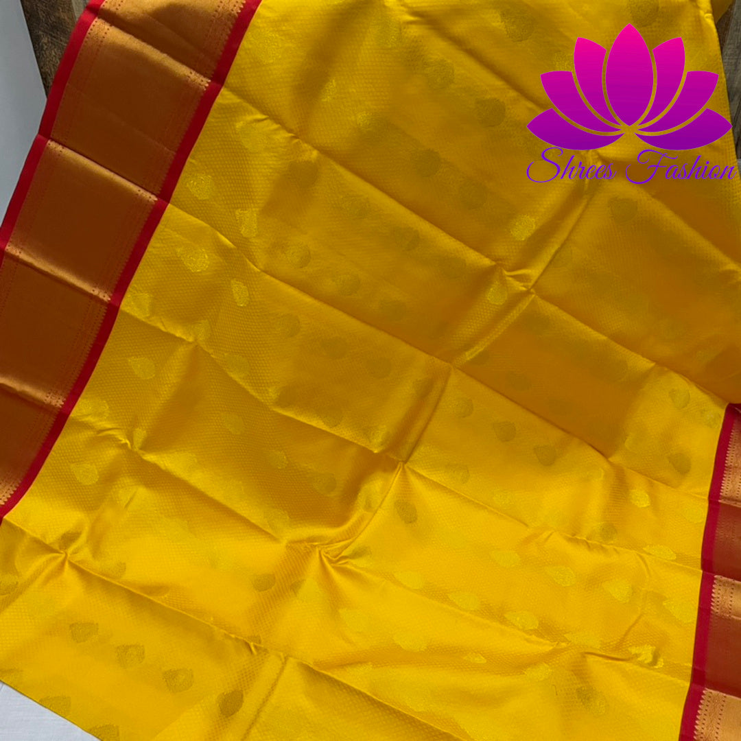 Yellow With Red Traditional colour combinations Silk Saree | Kanchipuram Silk | Silk Mark Certified