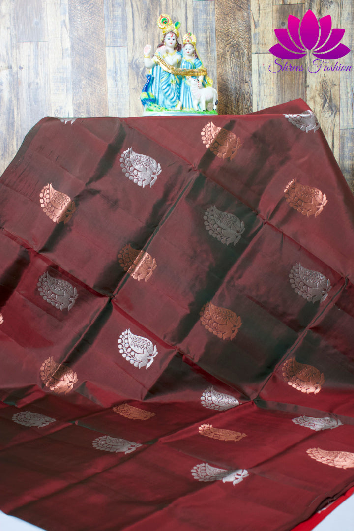 Brick Red Colour With Henna Green Dual Shade Borderless | Soft Silk Saree | Silk Mark India Certified - Shrees  Fashion Australia