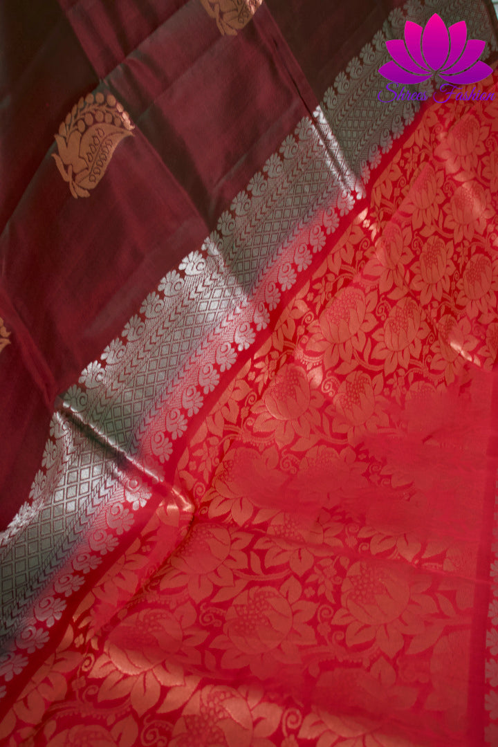 Brick Red Colour With Henna Green Dual Shade Borderless | Soft Silk Saree | Silk Mark India Certified - Shrees  Fashion Australia